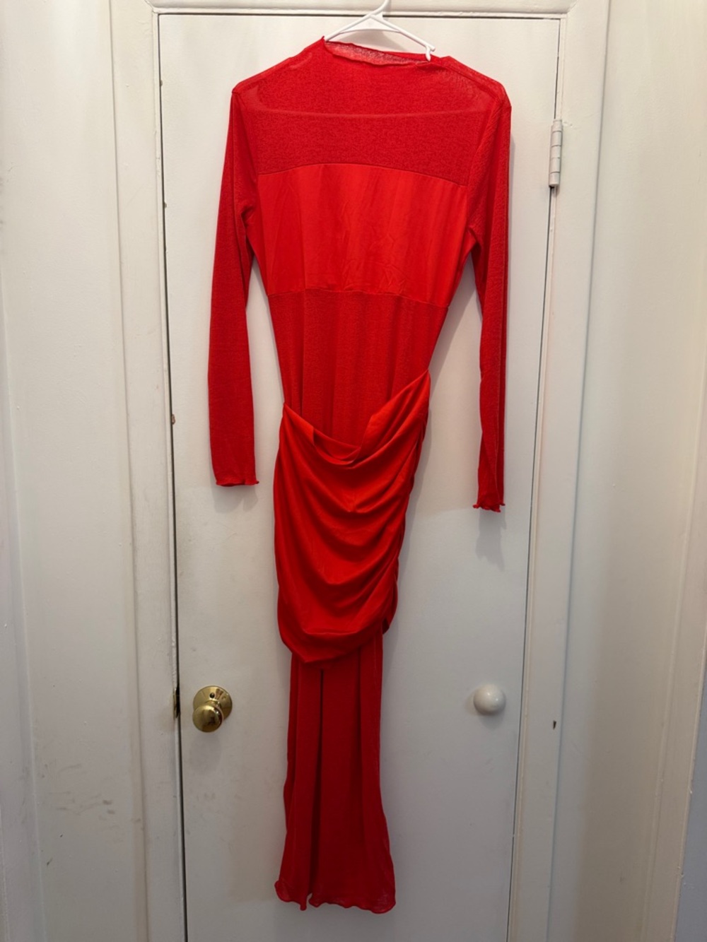 Red Long-Sleeve Draped Evening Maxi Dress